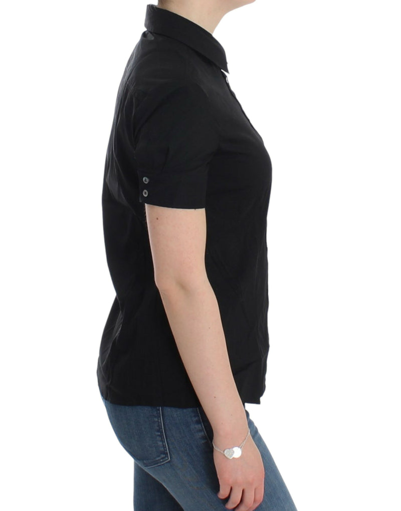 Elegante schwarze Baumwoll -Stretch -Shortsleeve -Bluse