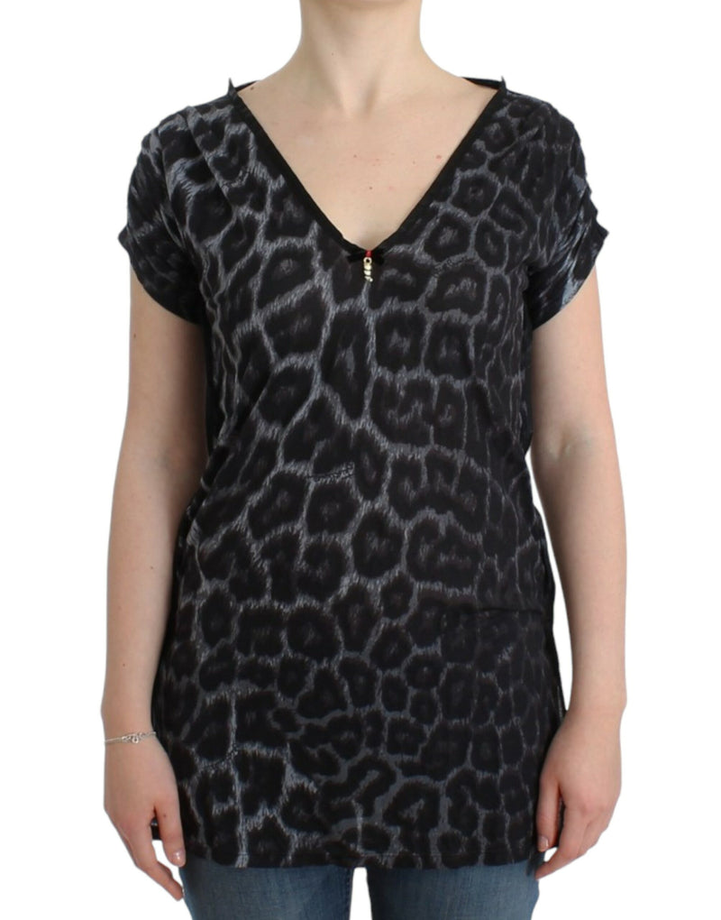 Top modale a v-collo leopardo.