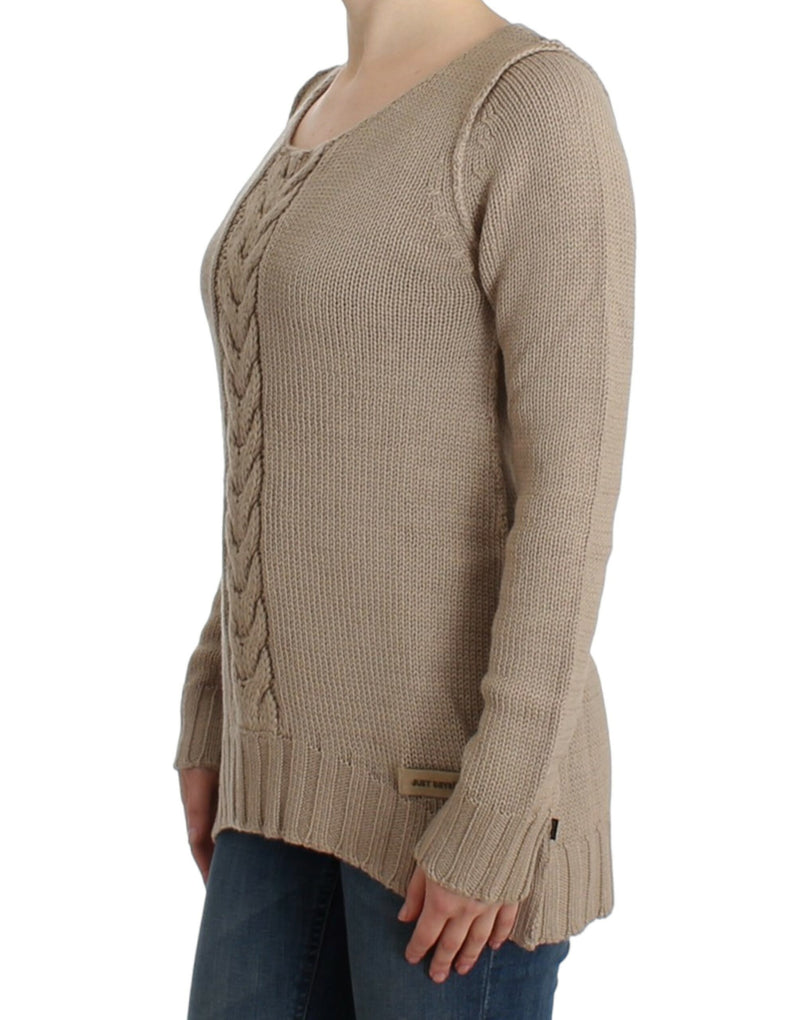 Eleganter beige gestrickter Crew -Nackenpullover