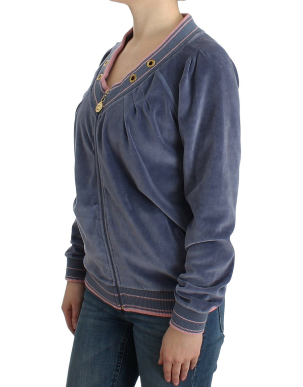 Elegante cardigan zip blu con dettagli d'oro