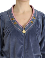 Elegante cardigan zip blu con dettagli d'oro