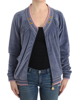 Elegante cardigan zip blu con dettagli d'oro