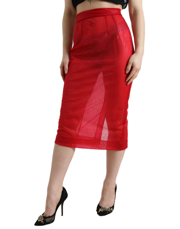 Chic Red High Waist Sheer Midi Sear