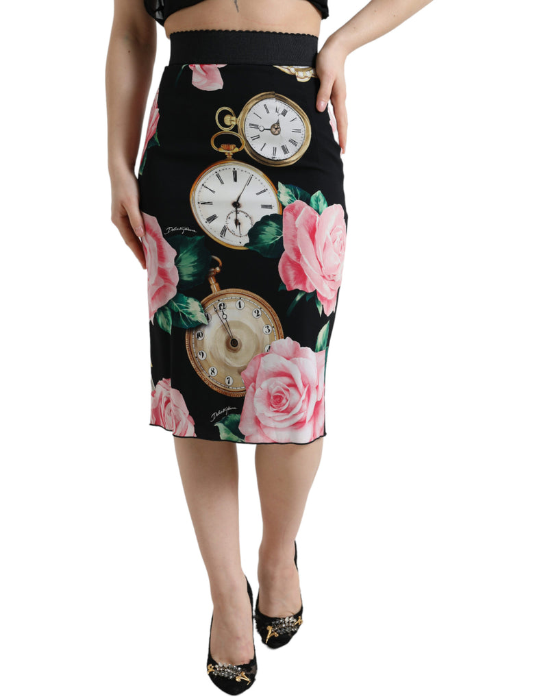 Jupe midi midi au crayon de soie haute taille avec imprimé floral