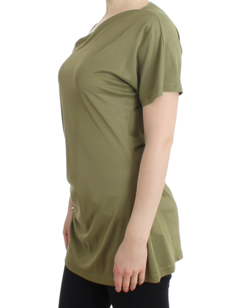 Elegante blusa de jersey verde con acentos de oro