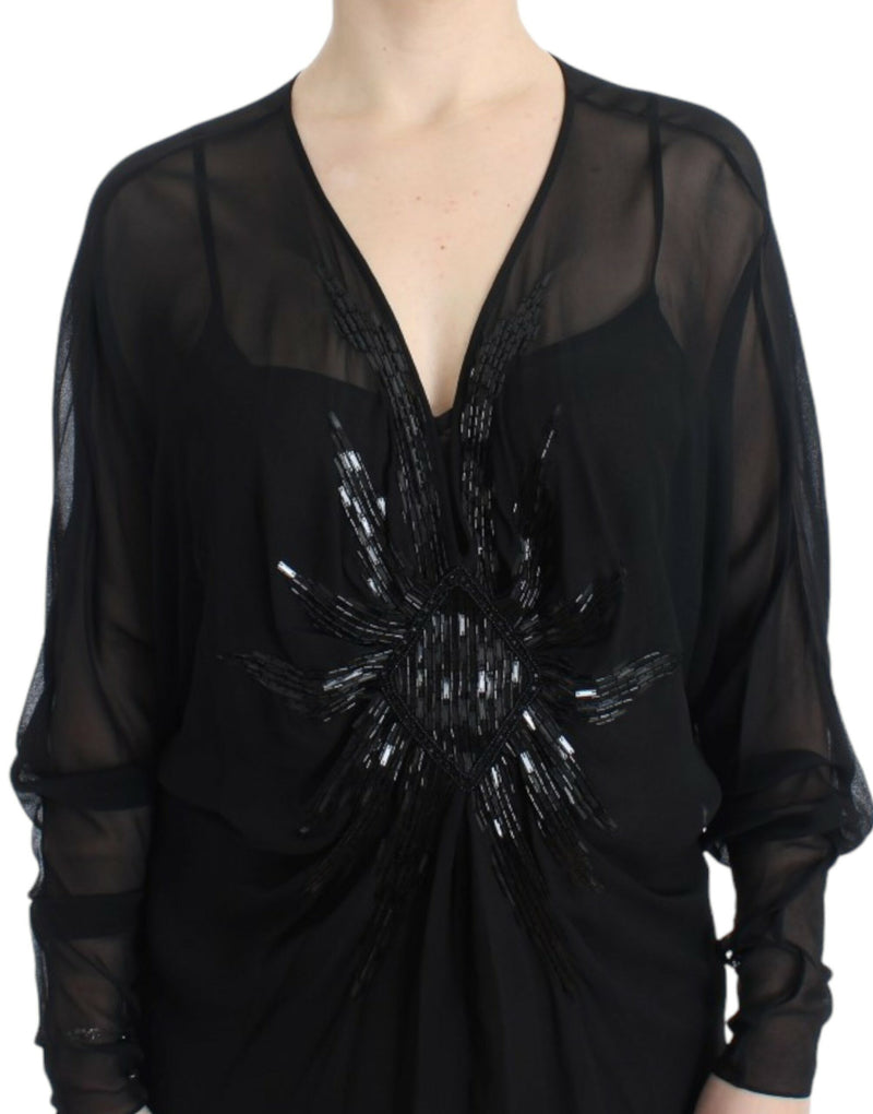 Elegant Sheer Black Silk Blouson Dress