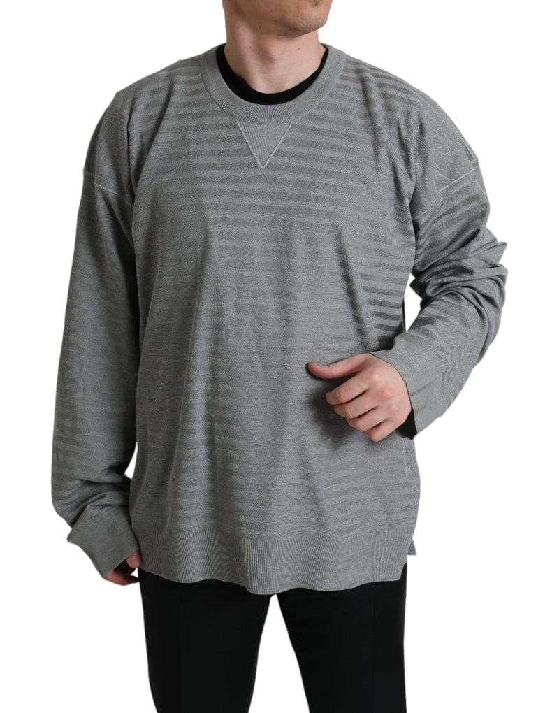 Eleganter grau gestreifte Seidencrewneck Pullover