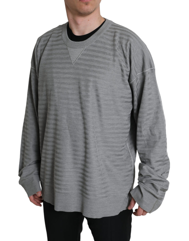 Eleganter grau gestreifte Seidencrewneck Pullover