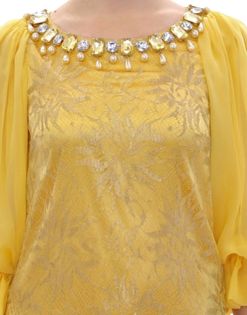 Vestido de mini adornado con cristal de encaje amarillo