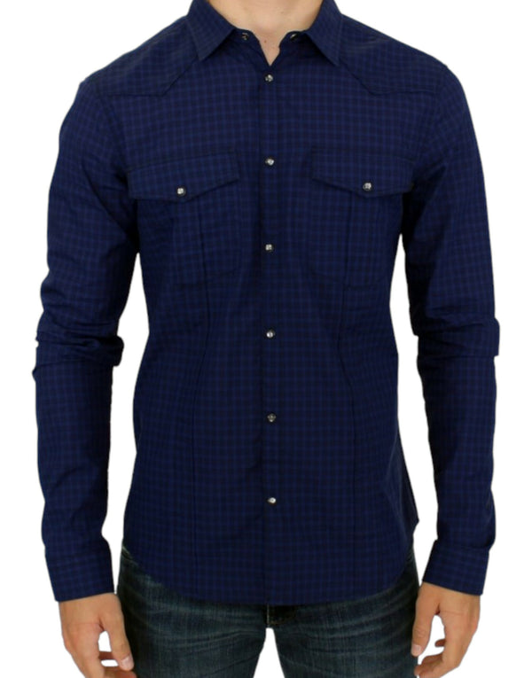 Shirt di cotone casual a scacchi blu chic