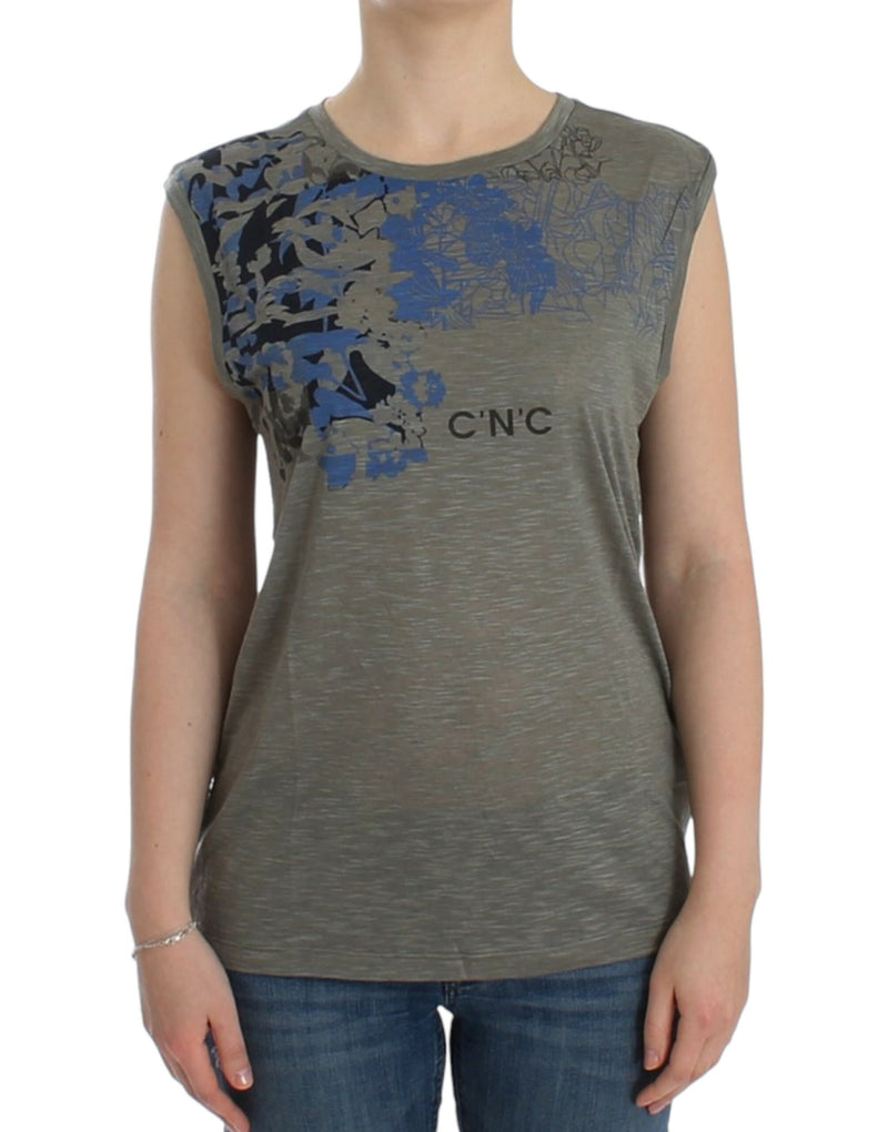 Top grigio senza maniche chic con dettagli blu