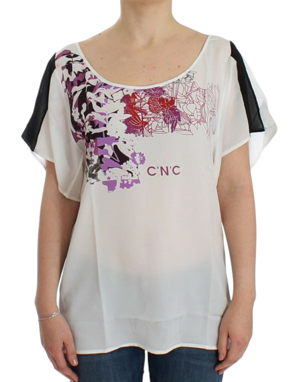 Chic White V-Ausschnitt Motiv Print Tee