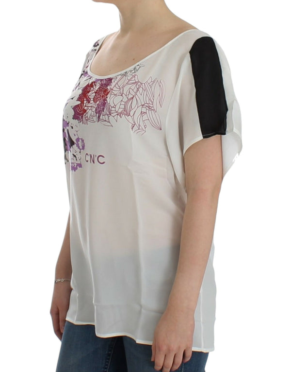 Chic White V-Ausschnitt Motiv Print Tee