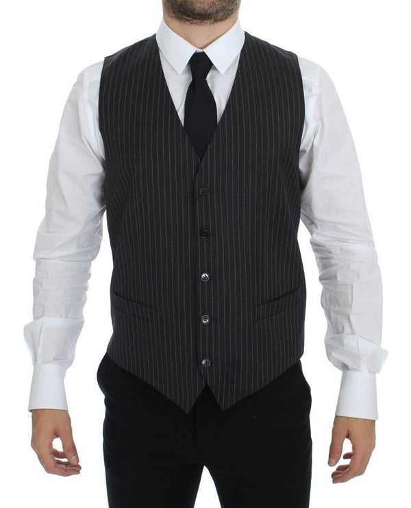 Elegant Gray Striped Wool Dress Vest