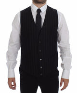 Elegant Black Striped Single Breasted Dress Vest