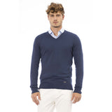 Eleganter V-Ausschnitt mit geripptem blauem Pullover