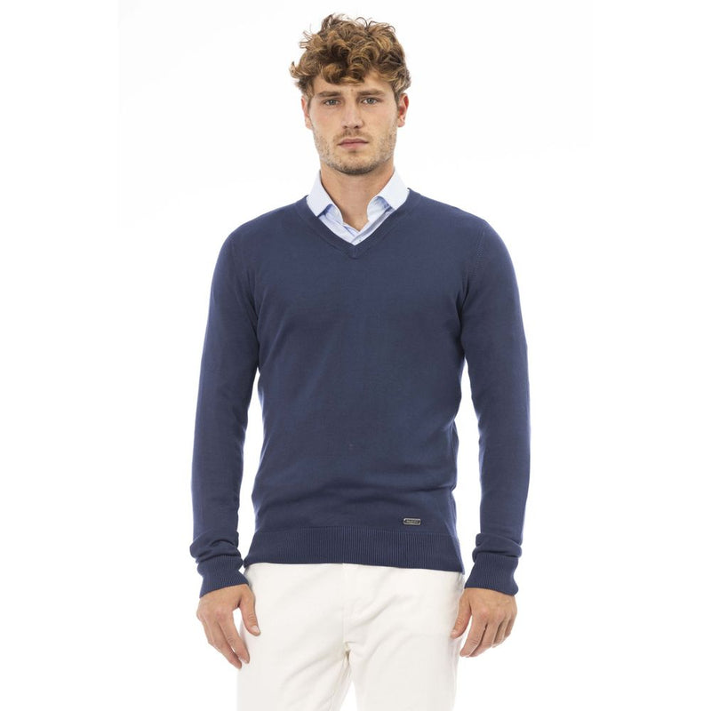 Elegante maglione blu a costine dal collo a V