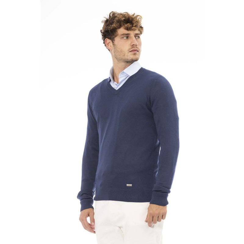 Eleganter V-Ausschnitt mit geripptem blauem Pullover