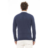 Eleganter V-Ausschnitt mit geripptem blauem Pullover