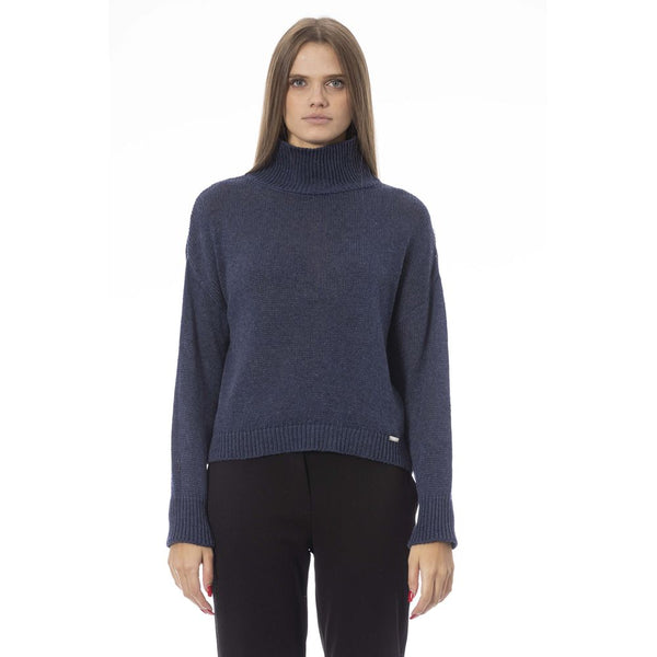 Elegante maglione blu a collo vulcano