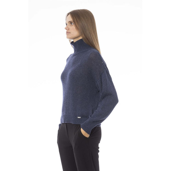 Elegante maglione blu a collo vulcano