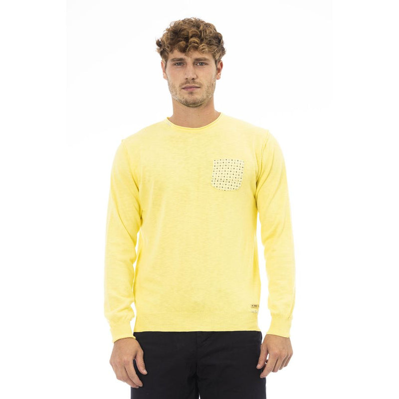 Elegante maglione a collo dell'equipaggio giallo con monogramma metallico