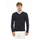 Eleganter blauer V-Ausck-Kaschmirpullover