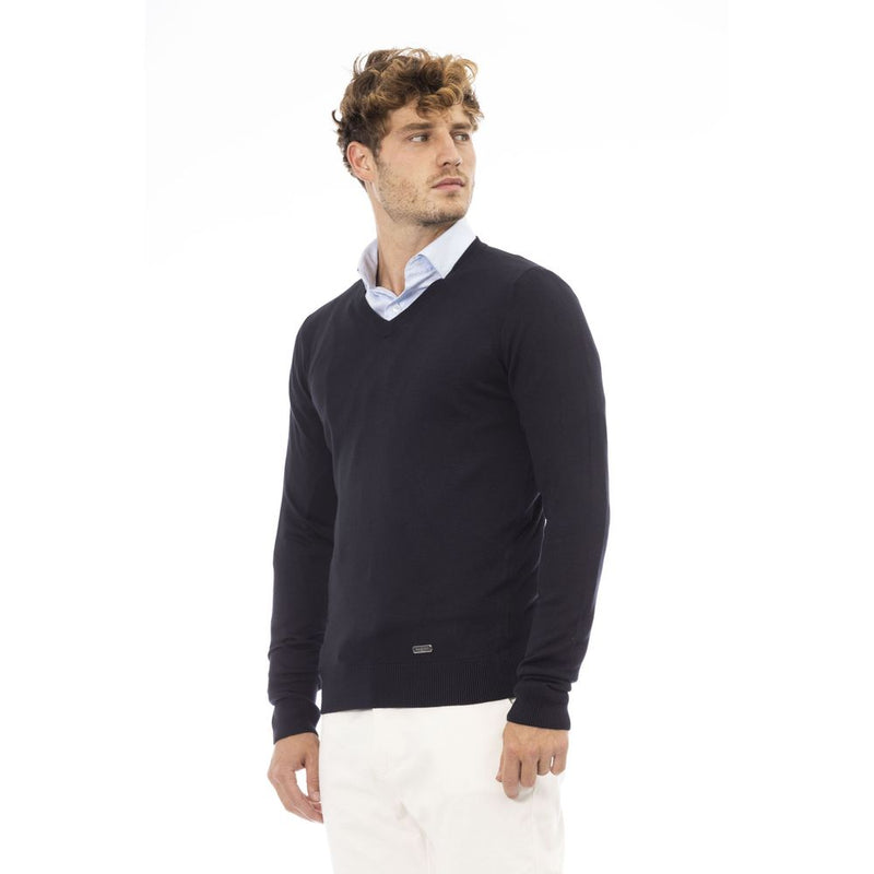 Eleganter blauer V-Ausck-Kaschmirpullover