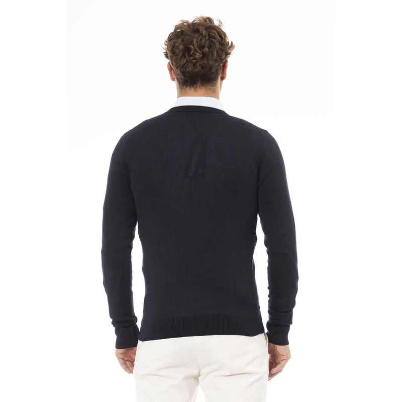 Eleganter blauer V-Ausck-Kaschmirpullover