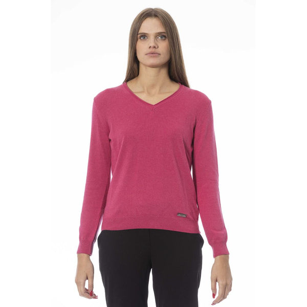 Φούξια V-λαιμό RIBBed Knit Cashmere πουλόβερ