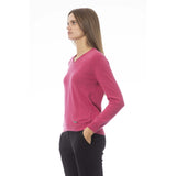 Fuchsia V-Neck Rippen-Strickkaschmirpullover