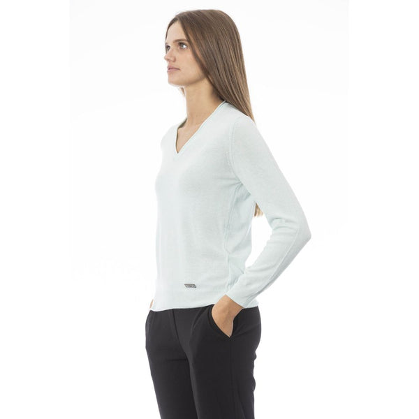 Elegantes hellblaues V-Ausschnitt Cashmere Mischpullover