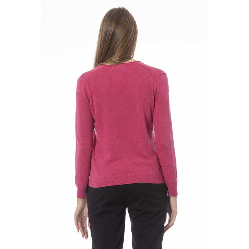 Maglione cashmere a coste a vello a V Fuchsia