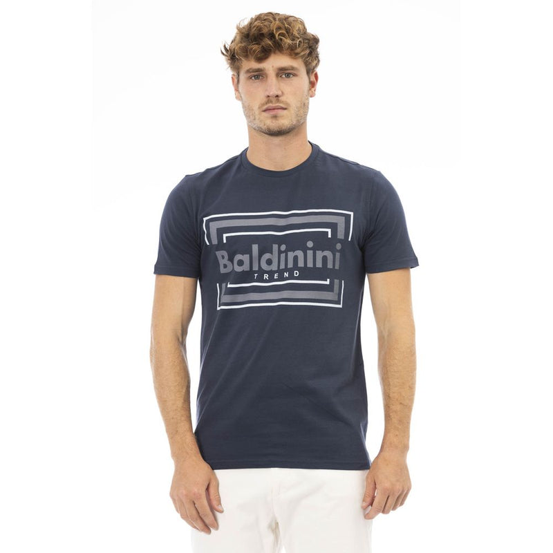 Elegantes blaues Baumwoll -T -Shirt mit schickem Frontdruck