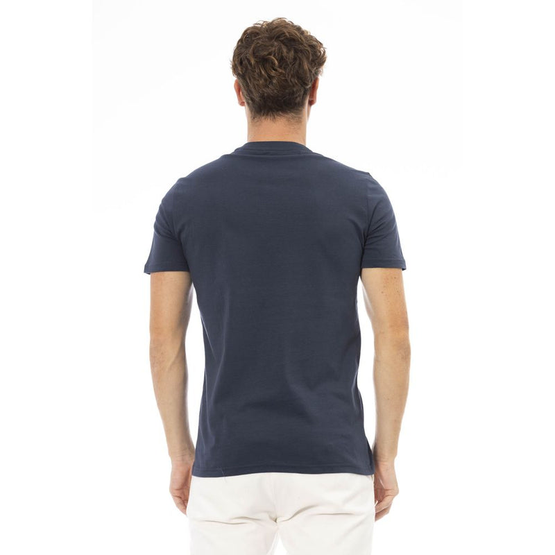 Elegantes blaues Baumwoll -T -Shirt mit schickem Frontdruck