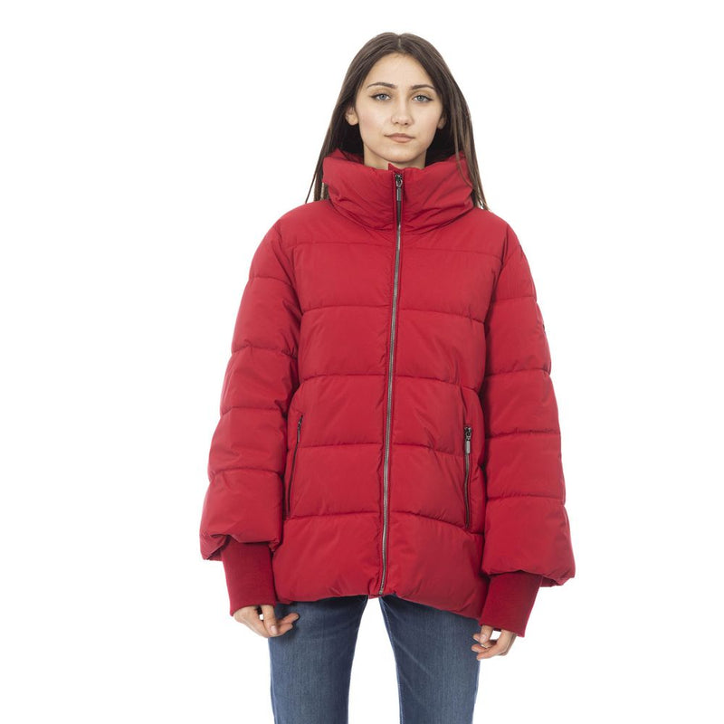 Elegante rote kurze Down -Jacke mit Kapuze