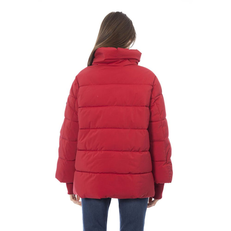 Elegante rote kurze Down -Jacke mit Kapuze