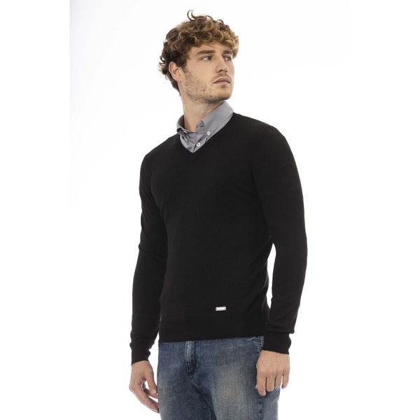 Elegante maglione in lana a V - maniche lunghe, accenti a coste