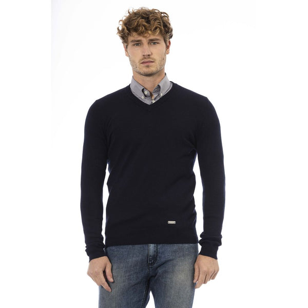 Eleganter blauer Wollpullover mit V-Ausschnitt