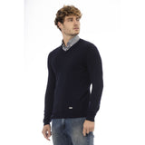 Eleganter blauer Wollpullover mit V-Ausschnitt