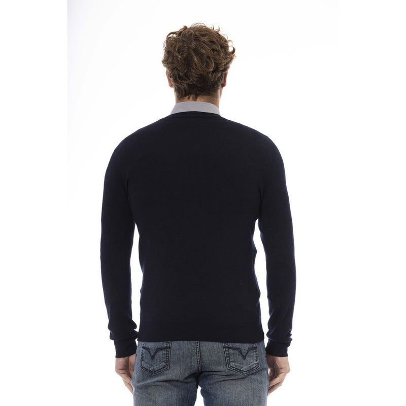 Eleganter blauer Wollpullover mit V-Ausschnitt