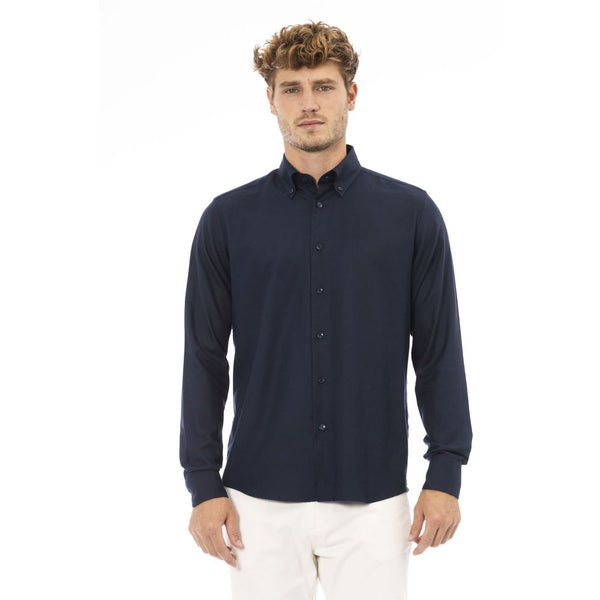 Elegante camicia a bottiglia di cotone blu