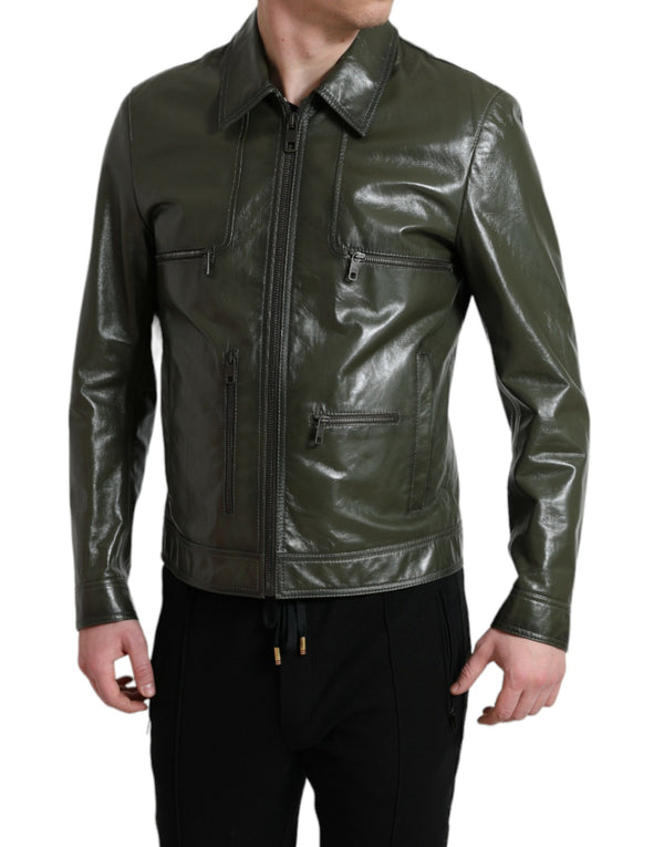 Emerald Elegance Leather Biker Jacket