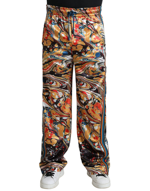 Elegantes pantalones de satén en mármol multicolor