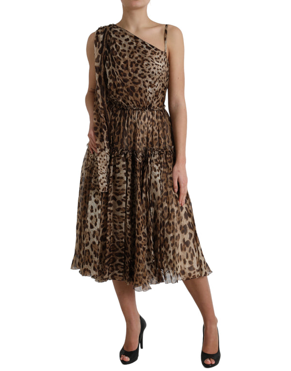 Elegantes One-Shoulder-Leopard-Midi-Kleid