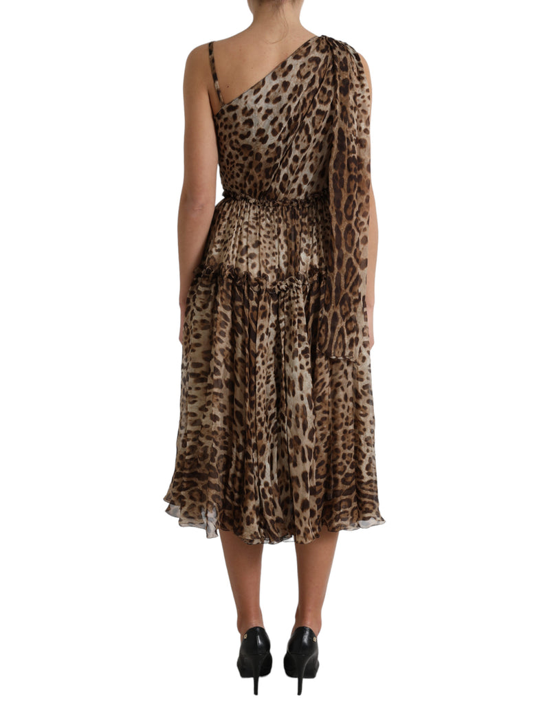 Elegante abito midi leopardo con una spalla