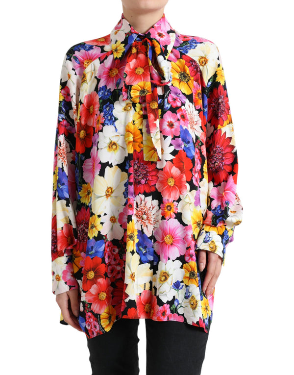 Blusa de seda floral con fijación de corbata delantera