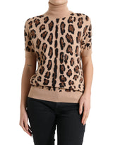 Elegant Beige Leopard Coutretleneck Top en laine