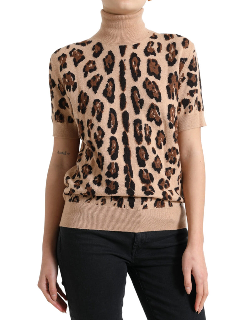 Elegant Beige Leopard Coutretleneck Top en laine