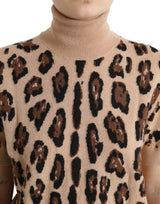 Top de lana de cuello de cuello de tortuga de leopardo beige beige